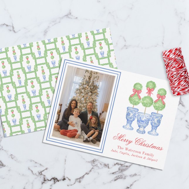 Watercolor Chinoiserie Christmas Bow Topiary Photo Holiday Card (Creator Uploaded)
