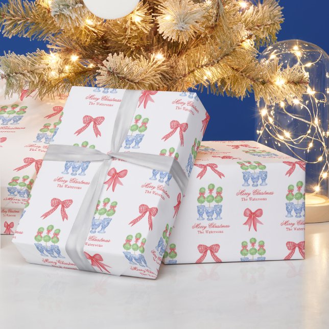 Watercolor Chinoiserie Christmas Bow Topiary Wrapping Paper (Holidays)