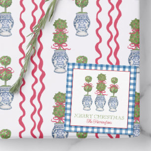 Watercolor Chinoiserie Christmas Red Bow Topiary Card