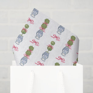 Watercolor Chinoiserie Christmas Red Bow Topiary Tissue Paper