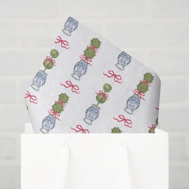 Watercolor Chinoiserie Christmas Red Bow Topiary Tissue Paper (Gift Bag)