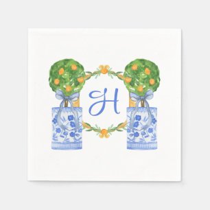 Watercolor Chinoiserie Citrus Topiary Monogram Napkin