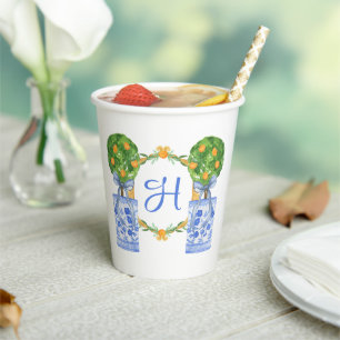 Watercolor Chinoiserie Citrus Topiary Monogram Paper Cups