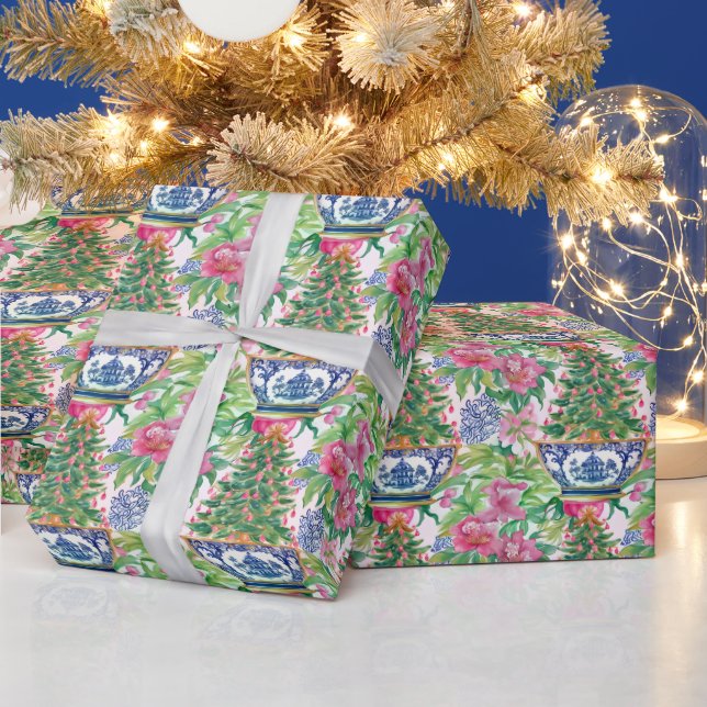 Watercolor Chinoiserie Ginger Jar Christmas Tree Wrapping Paper (Holidays)
