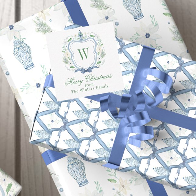 Watercolor Chinoiserie Ginger Jar Monogram Crest Card (Watercolor Chinoiserie Ginger Jar Christmas Monogram Crest Gift Enclosure Cards)