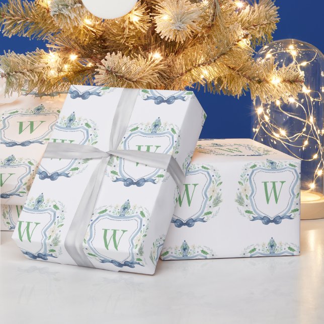 Watercolor Chinoiserie Ginger Jar Monogram Crest Wrapping Paper (Holidays)