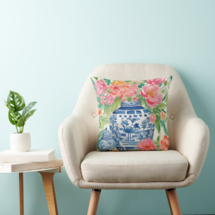 Watercolor Chinoiserie Ginger Jar of Flowers Cushion
