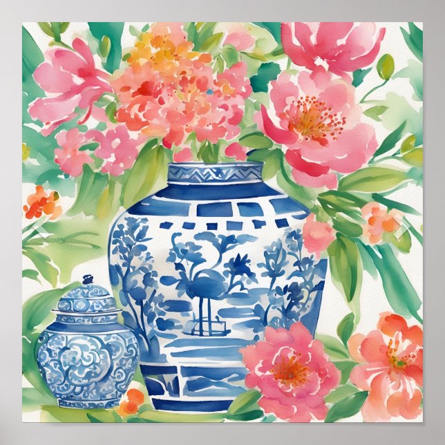 Watercolor Chinoiserie Ginger Jar of Flowers Poster (Front)