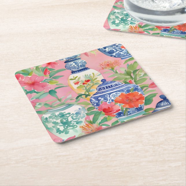 Watercolor Chinoiserie Ginger Jars & Flowers Square Paper Coaster (Angled)