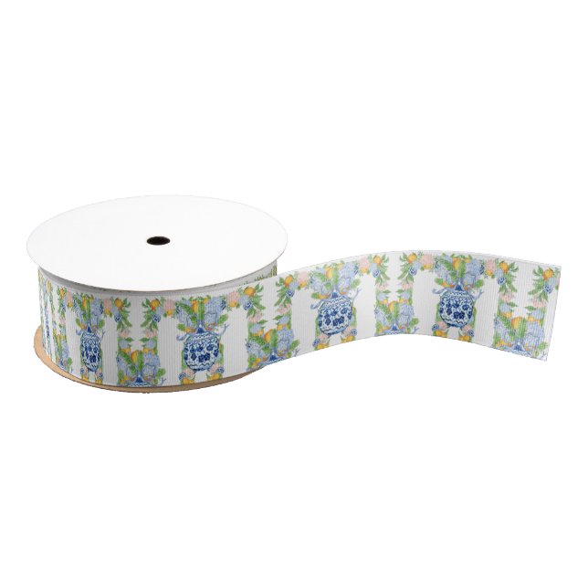 Watercolor Chinoiserie Mandarins Garland Grosgrain Ribbon (Spool)