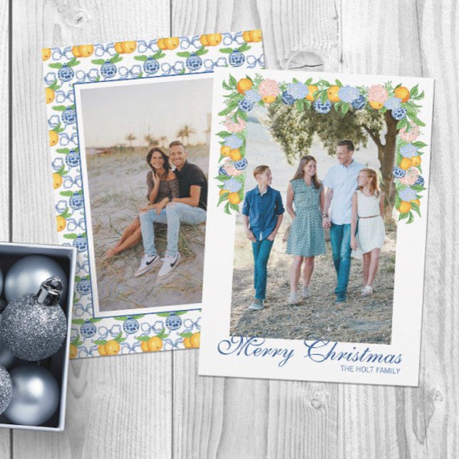 Watercolor Chinoiserie Mandarins Garland Photo Holiday Card (Creator Uploaded)