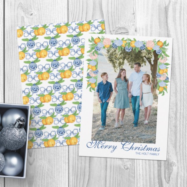 Watercolor Chinoiserie Mandarins Garland Photo Holiday Card (Creator Uploaded)