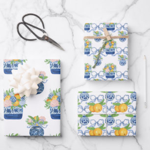 Watercolor Chinoiserie Mandarins & Hydrangeas Wrapping Paper Sheet