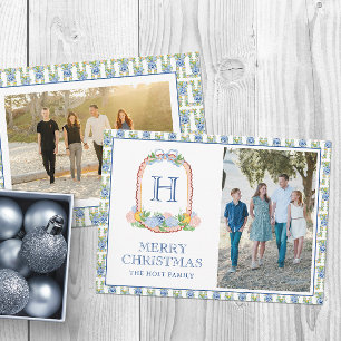 Watercolor Chinoiserie Mandarins Monogram Crest  Holiday Card