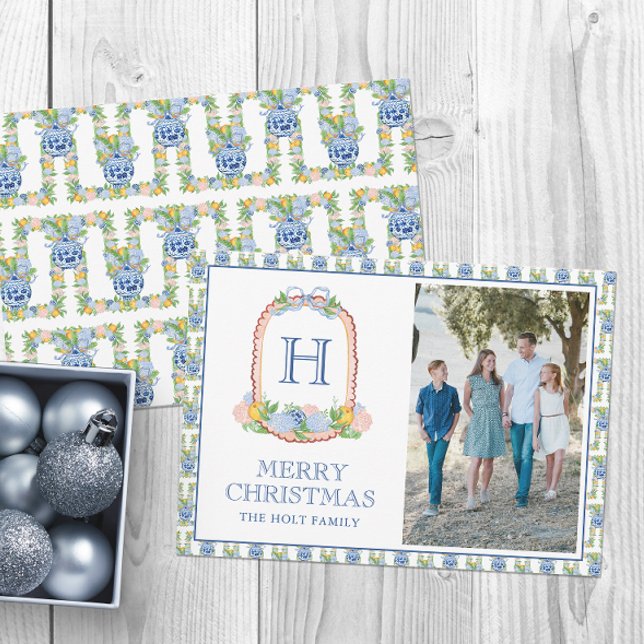 Watercolor Chinoiserie Mandarins Monogram Crest  Holiday Card (Creator Uploaded)