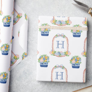 Watercolor Chinoiserie Mandarins Monogram Crest Wrapping Paper
