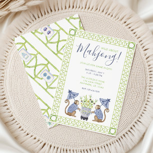 Watercolor Chinoiserie Monkey Bamboo Mahjong Party Invitation