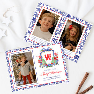 Watercolor Chinoiserie Nutcracker Monogram Crest Holiday Card