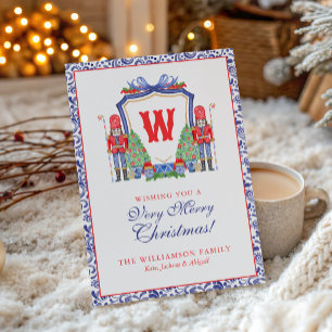 Watercolor Chinoiserie Nutcracker Monogram Crest Holiday Card