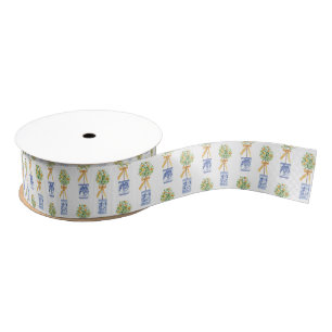 Watercolor Chinoiserie Orange Tree Topiary Grosgrain Ribbon