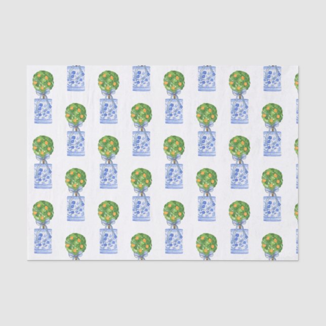 Watercolor Chinoiserie Orange Tree Topiary Tissue Paper (Front)
