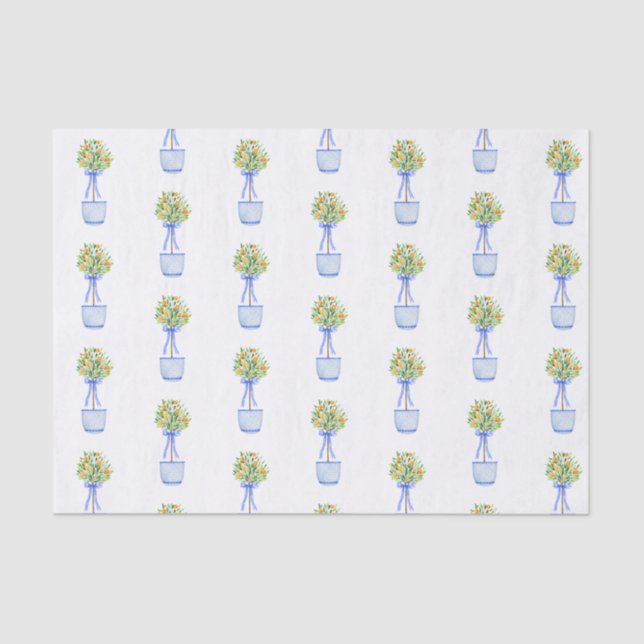 Watercolor Chinoiserie Orange Tree Topiary Tissue Paper (Front)