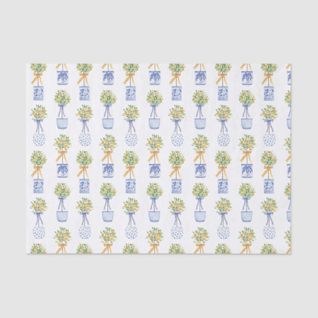 Watercolor Chinoiserie Orange Tree Topiary Tissue Paper (Front)