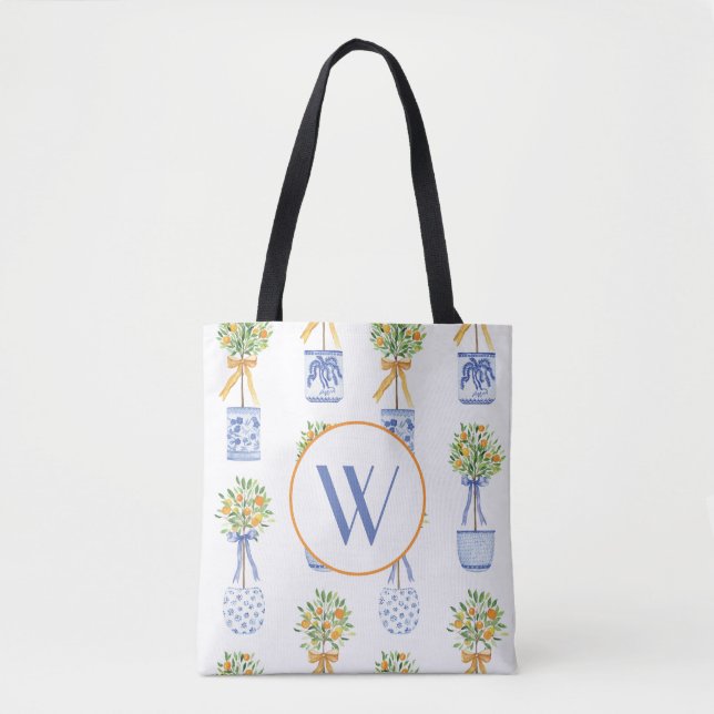 Watercolor Chinoiserie Orange Tree Topiary Tote Bag (Front)