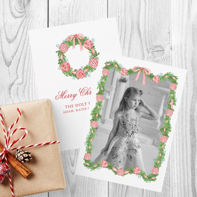 Watercolor Chinoiserie Ornaments Garland Christmas Holiday Card (Chinoiserie Christmas Red Ornament Garland and Wreath Photo Card)