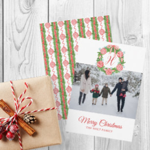 Watercolor Chinoiserie Ornaments Wreath Christmas Holiday Card