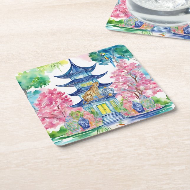 Watercolor Chinoiserie Pagoda Cheetah Ginger Jar Square Paper Coaster (Angled)