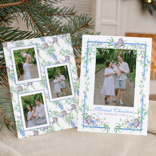Watercolor Chinoiserie Peacock Garden Frame Photo Holiday Card