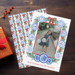 Watercolor Chinoiserie Plates Garland Christmas Holiday Card