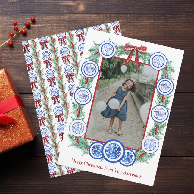 Watercolor Chinoiserie Plates Garland Christmas Holiday Card (Creator Uploaded)