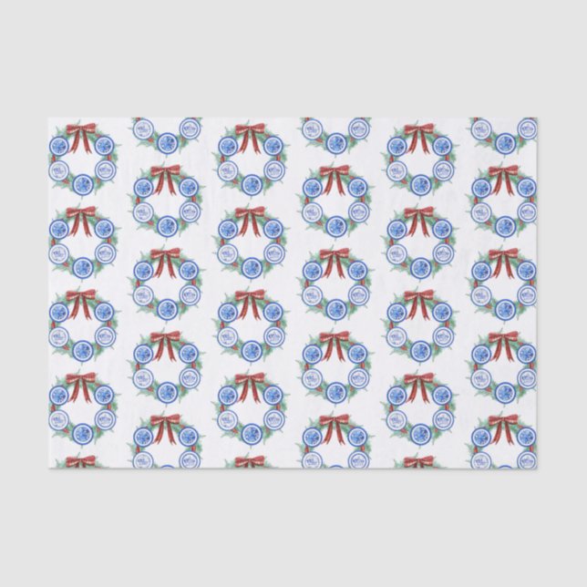 Watercolor Chinoiserie Plates Wreath Christmas Tissue Paper (Front)