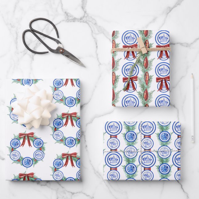 Watercolor Chinoiserie Plates Wreath Christmas Wrapping Paper Sheet (Front)