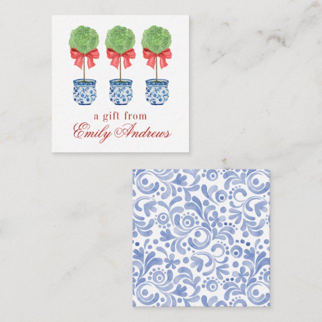 Watercolor Chinoiserie Red Bow Topiary Enclosure Card (Front/Back)