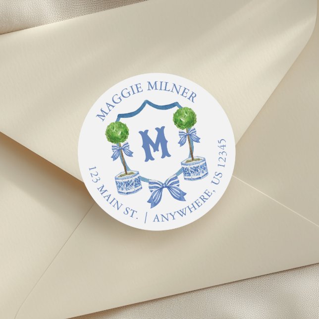 Watercolor Chinoiserie Topiary Monogram Crest Classic Round Sticker (Creator Uploaded)