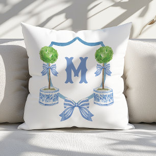 Watercolor Chinoiserie Topiary Monogram Crest Cushion