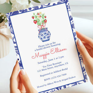 Watercolor Chinoiserie Vase of Red Strawberries Invitation