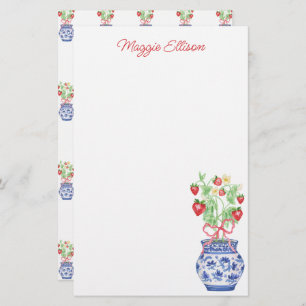 Watercolor Chinoiserie Vase of Red Strawberries Stationery