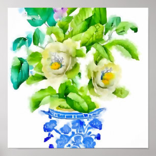 Watercolor Chinoiserie Vase with Flowers Poster
