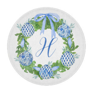 Watercolor Chinoiserie Wreath Christmas Monogram Cutting Board