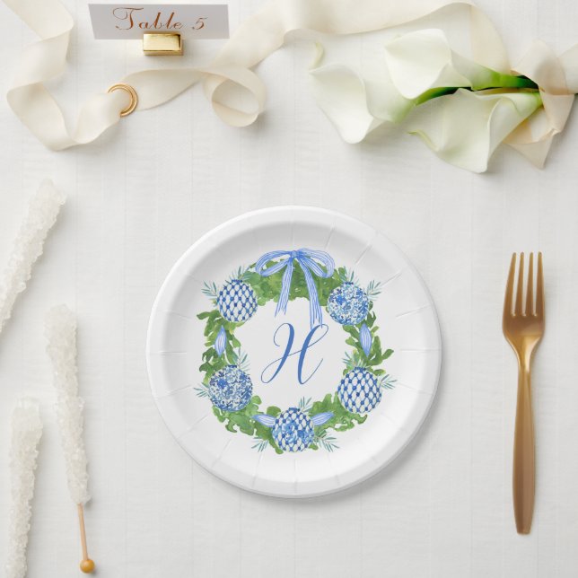 Watercolor Chinoiserie Wreath Christmas Monogram Paper Plate (Wedding)