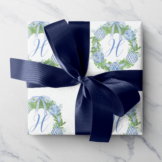 Watercolor Chinoiserie Wreath Christmas Monogram Wrapping Paper (Creator Uploaded)