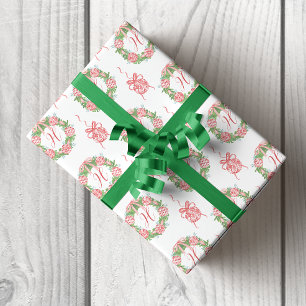 Watercolor Chinoiserie Wreath Christmas Monogram Wrapping Paper