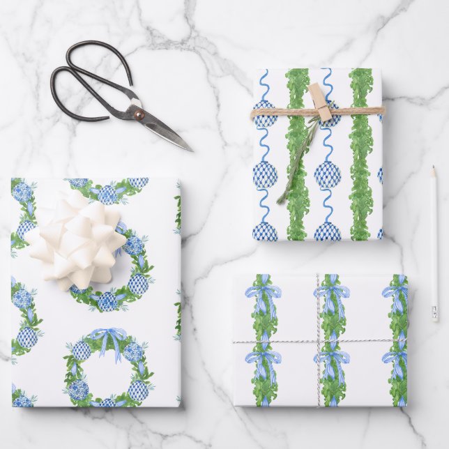 Watercolor Chinoiserie Wreath & Garland Christmas Wrapping Paper Sheet (Front)