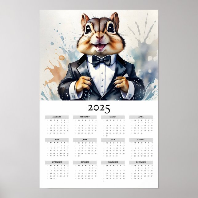 Watercolor Chipmunk Wearing Tux 2025 Wall Calendar Poster (Front)