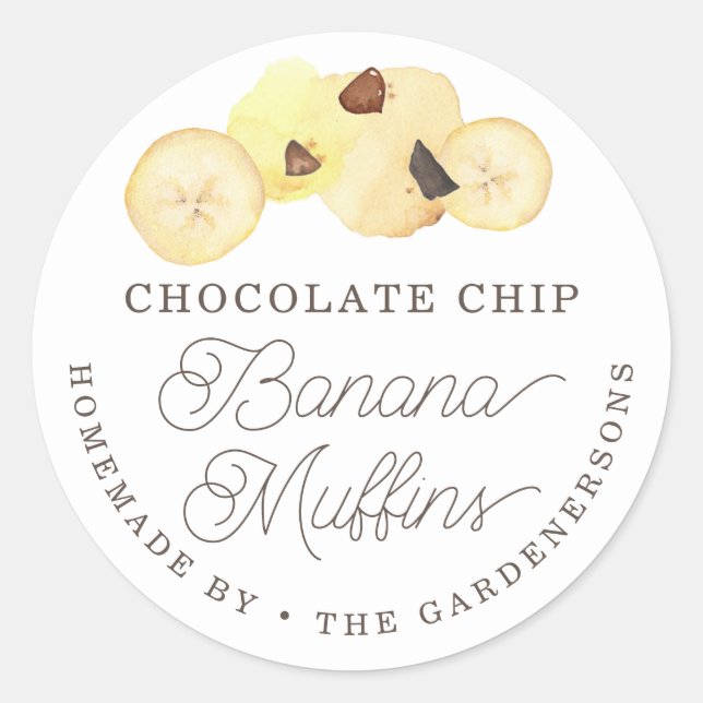 Watercolor Chocolate Chip Banana Muffins  Classic Round Sticker (Front)