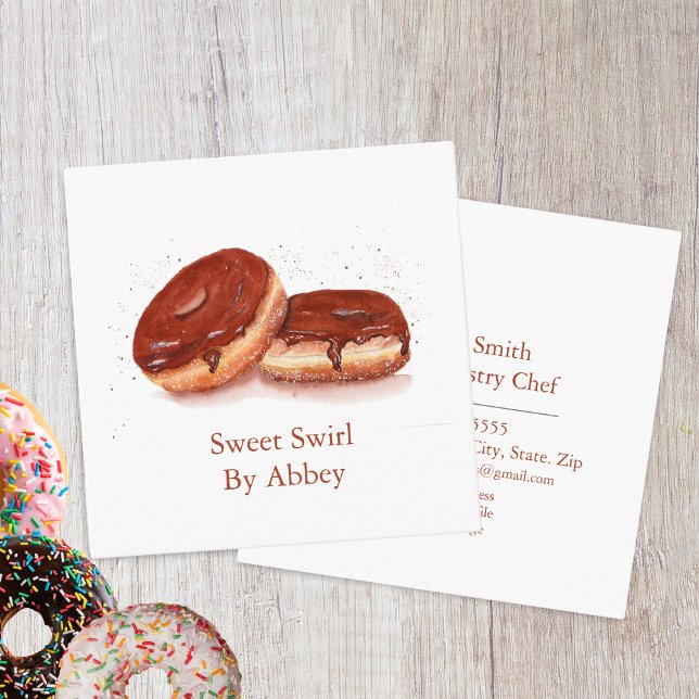 Watercolor Chocolate Glazed Doughnuts  Square Business Card (Watercolor Chocolate Glazed Donuts Square Business Card)